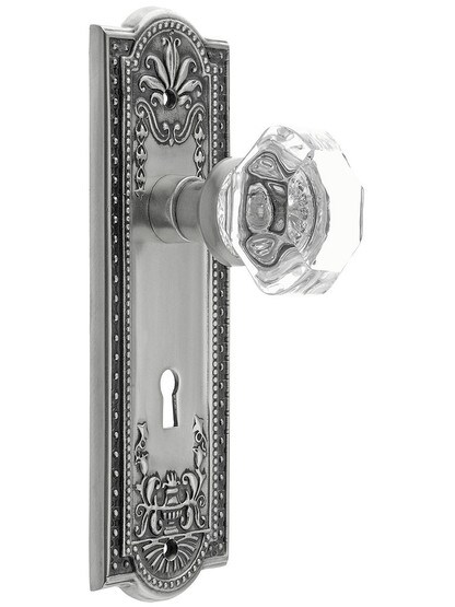 Meadows Style Mortise Lock Set in Antique Pewter with Waldorf Crystal Door Knobs.